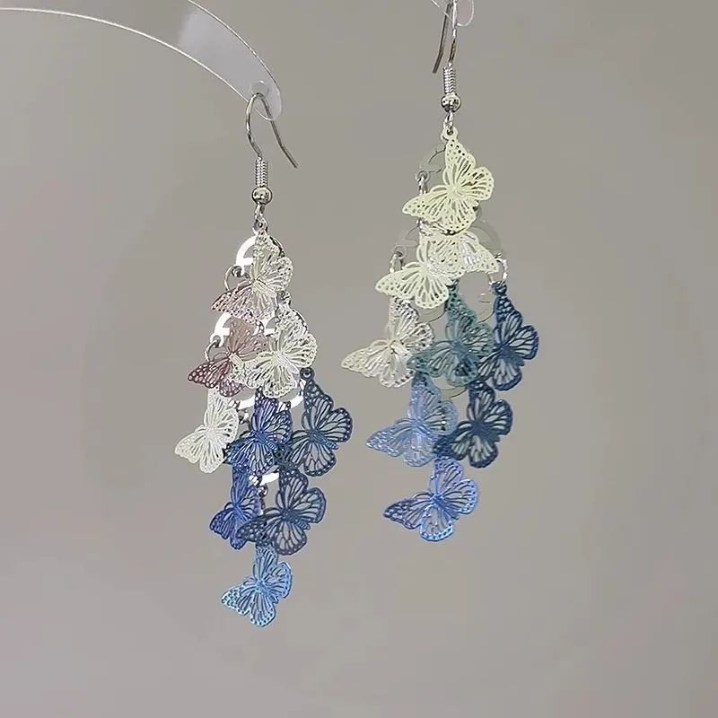蓝白镂空蝴蝶流苏耳环韩系精致设计感艺术生绝美耳钩耳钉耳饰女