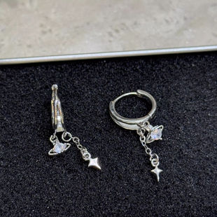 双层星球星星耳圈耳扣小众设计感链条吊坠土星耳环女甜酷耳饰日韩
