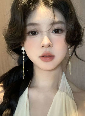 山茶少女~超仙白色山茶花朵珍珠流苏耳环长款显脸小耳饰森系耳夹