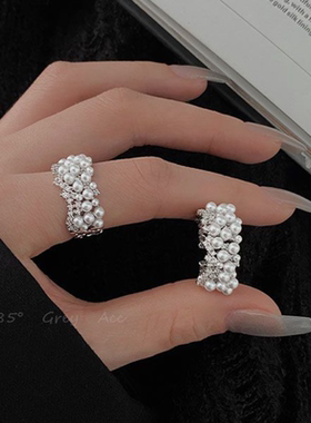 轻奢高级感珍珠戒指女小众设计ins风开口可调节食指指环个性戒子