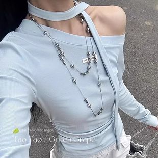 灰色珍珠项链女夏天2025新款轻奢高级感长款叠戴毛衣链锁骨链配饰