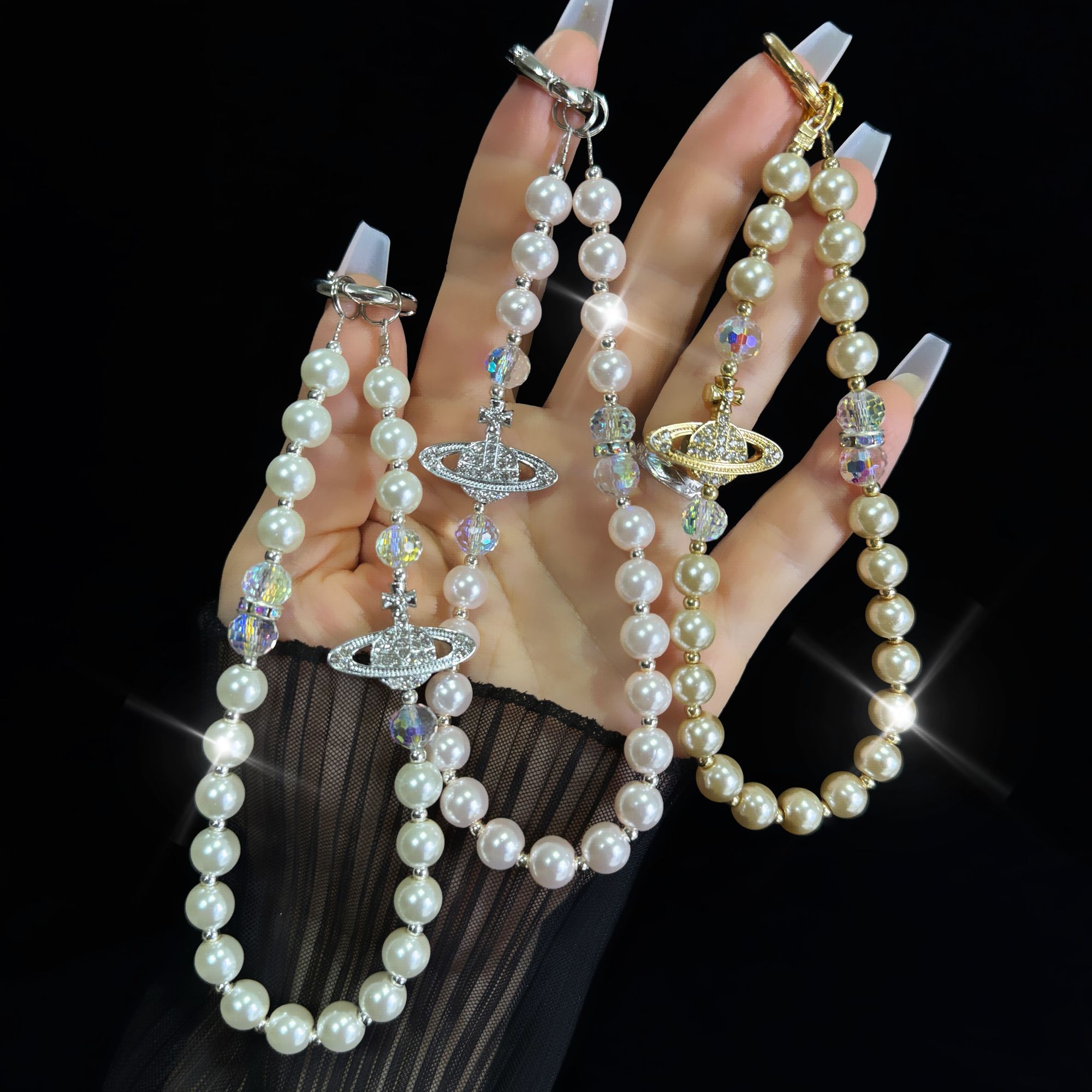 轻奢高级感闪钻土星珍珠手机链diy串珠手腕短链精致小众包包挂件