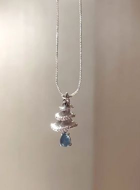 Vintage蓝色系水滴圣诞树吊坠项链锁骨小众百搭天使配饰新款