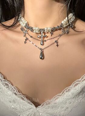 多层珍珠十字架choker项链女小众设计感星星颈链哥特风锁骨链配饰
