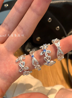 银色花朵戒指女小众设计 蝴蝶结食指戒指女 蝴蝶结开口可调节女戒