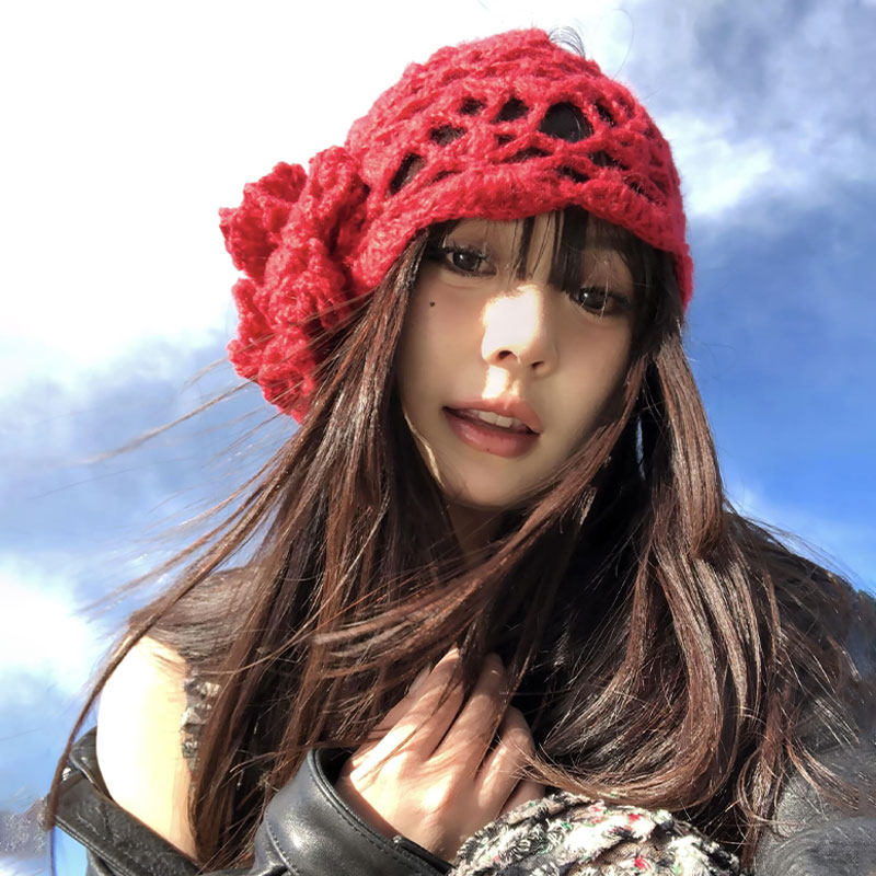 复古红色显白镂空针织钩花冷帽女大头围帽堆堆帽立体花朵套头帽子