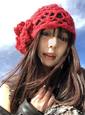 复古红色显白镂空针织钩花冷帽女大头围帽堆堆帽立体花朵套头帽子
