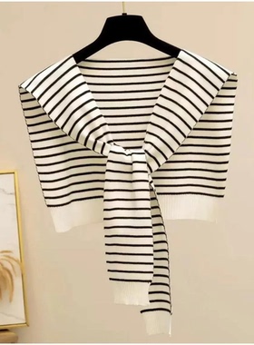 白色条纹外搭小披肩针织打结女韩版百搭装饰假领子围巾春夏秋搭肩