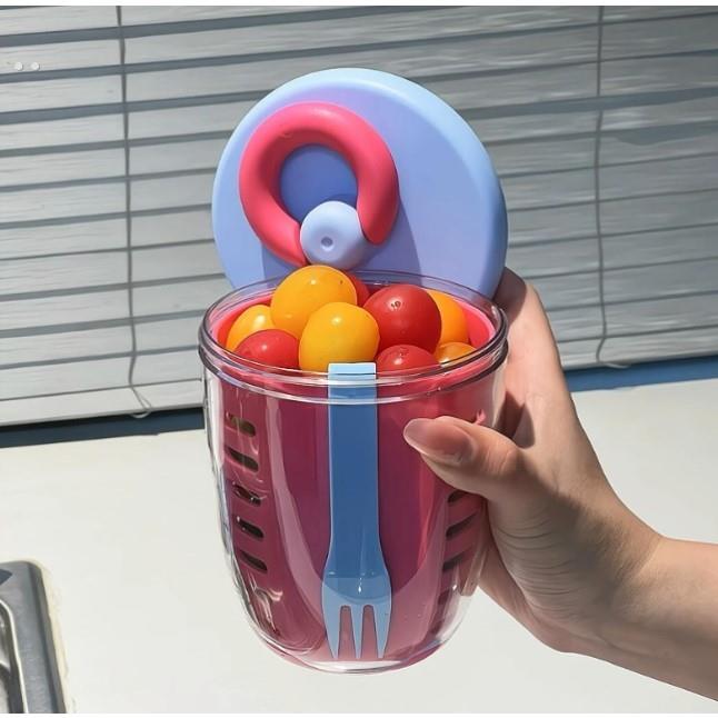 高颜值可沥水果杯便携式沙拉杯食品级自带叉子上班族外出带便当盒