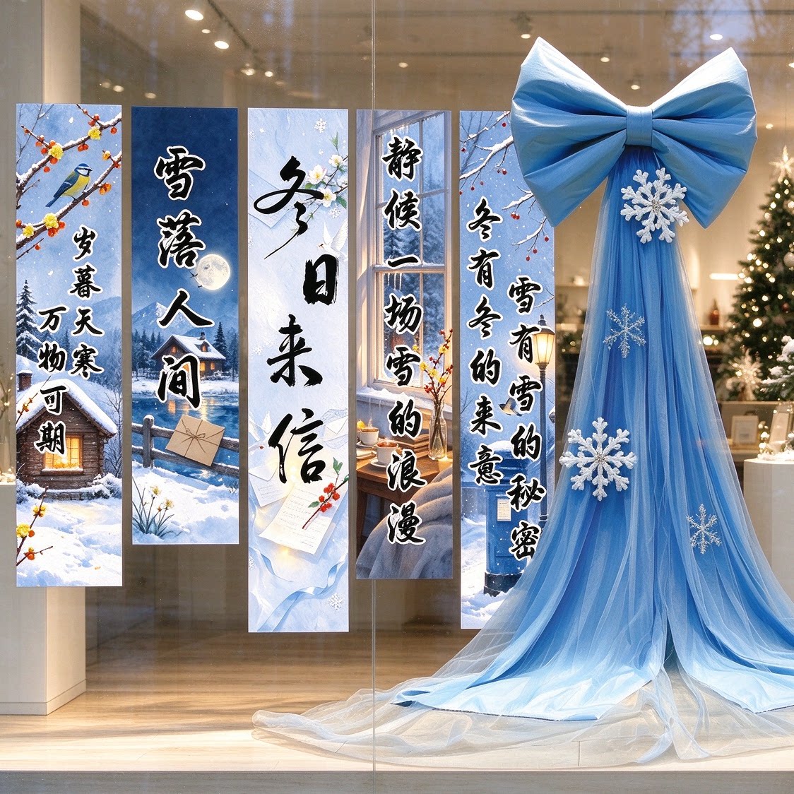 蓝色蝴蝶结网纱拖尾装饰布置套餐雪花冬季氛围感雪花装饰拍照道具