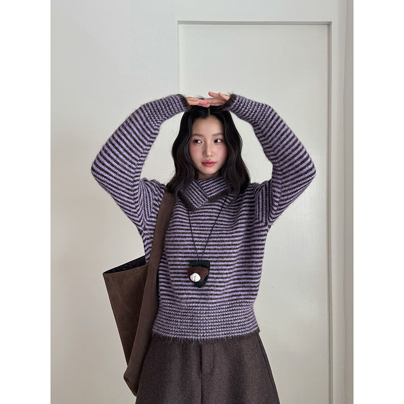 【焦糖朗姆】2025复古翻领条领针织衫女冬装季通勤宽松毛衣N815C