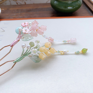 月下花前-风晚林原创粉晶铃兰蝶贝珍珠簪花汉服新中式旗袍发钗