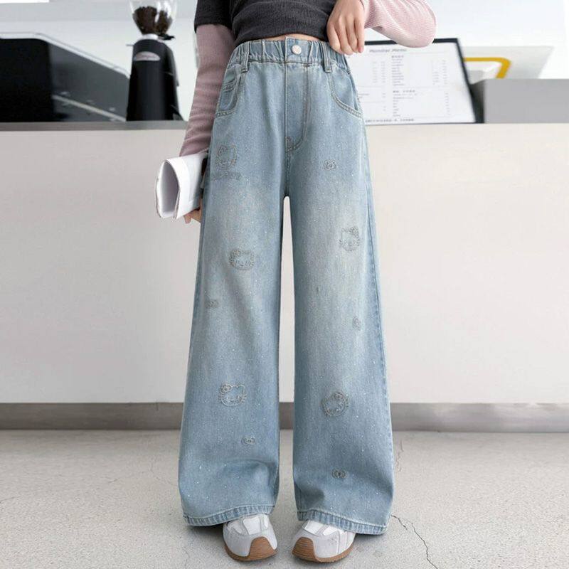 女童春秋牛仔裤童装2026新款时尚卡通宽松女童刺绣猫咪烫钻直筒裤