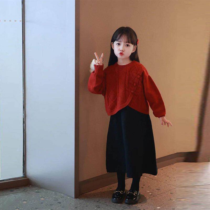 女大童红色毛衣新年裙子两件套