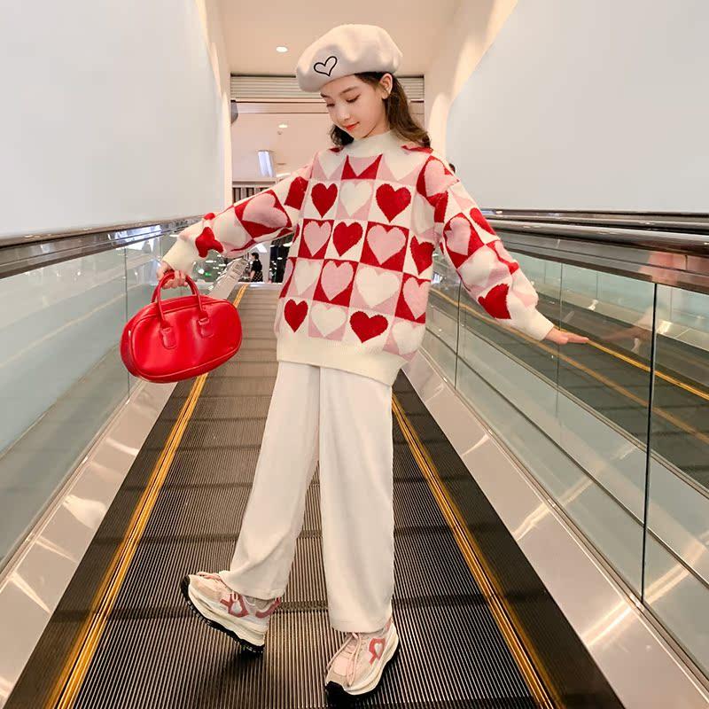 女童红色毛衣2025冬季新款大童女孩套头衫童装初中生女孩拜年衣服