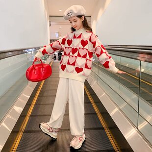 女童红色毛衣2025冬季新款大童女孩套头衫童装初中生女孩拜年衣服