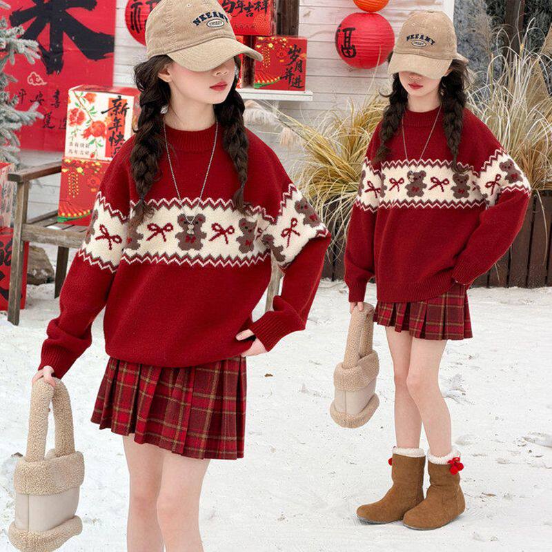 女童红色毛衣2026秋冬新款洋气中大童女孩圣诞针织上衣儿童新年装