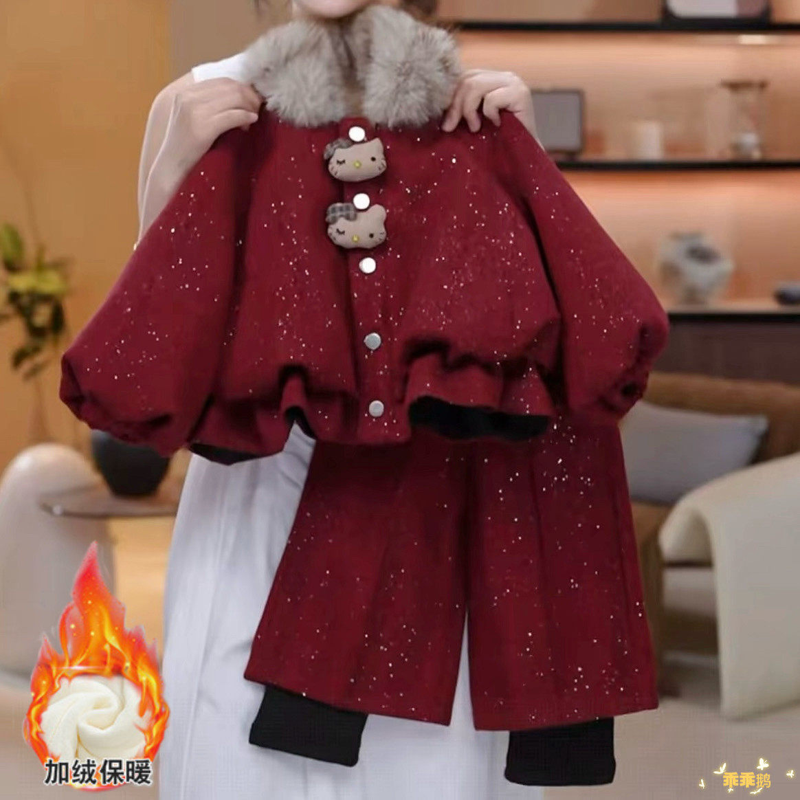 女童加绒年服套装2026冬季新款女宝宝毛领玩偶呢子外套长裤两件套