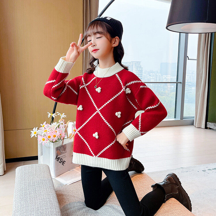 女童红色毛衣针织衫冬款打底衫