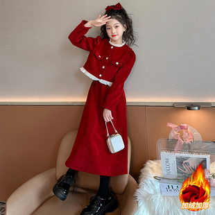 女童秋冬季加绒加厚连衣裙套装2025新款洋气儿童小香风红色过年裙