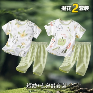 全棉纯棉宝宝套装男童短袖短裤婴儿夏装儿童衣服a类纯棉T恤七分裤