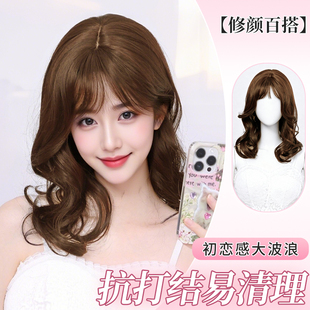 假发女全头套仿真发大波浪八字刘海遮颧骨温柔知性透气网底舒适款