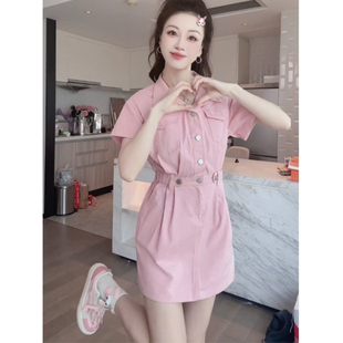 今年流行工装连衣裙女夏季小个子学生新款气质收腰显瘦复古A字裙