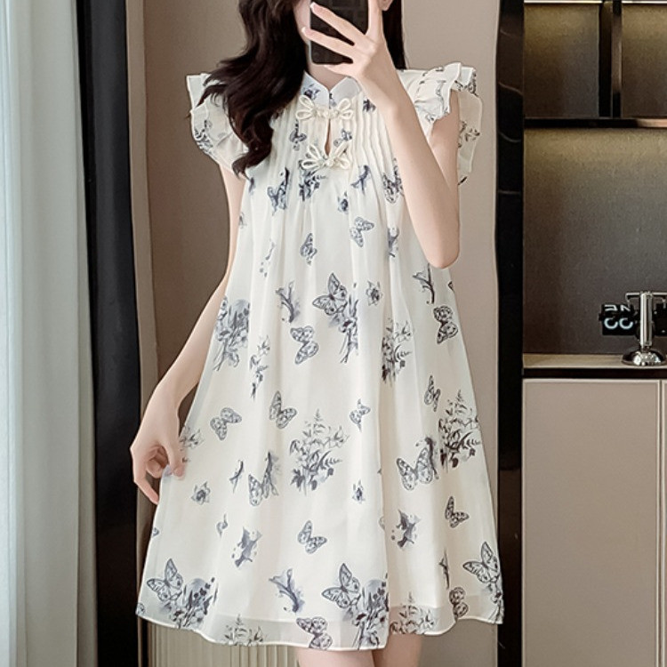 国风盘扣新中式立领宽松连衣裙女夏季蝴蝶碎花荷叶边小飞袖上衣服