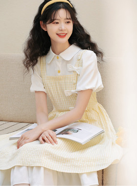 森女系法式假两件泡泡袖连衣裙女