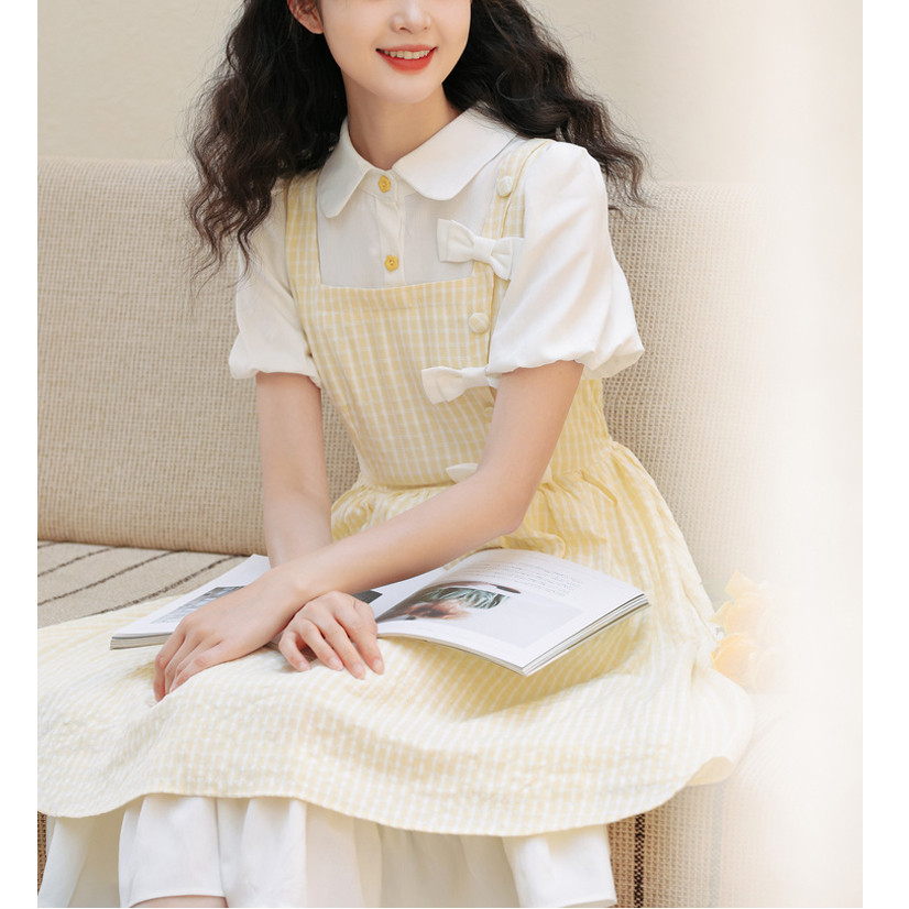 森女系法式假两件泡泡袖连衣裙女