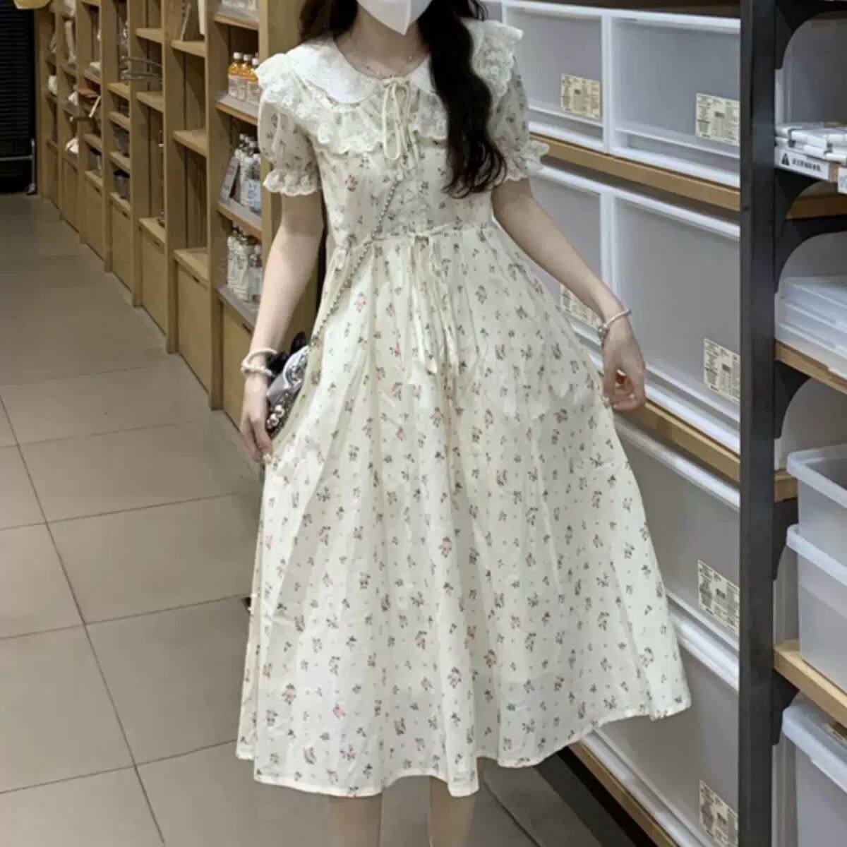 学院风娃娃领小个子连衣裙夏季新款温柔风甜美少女大童收腰娃娃裙