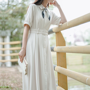 正式场合白色收腰服装连衣裙女夏季学生答辩穿搭教资面试衬衫裙子