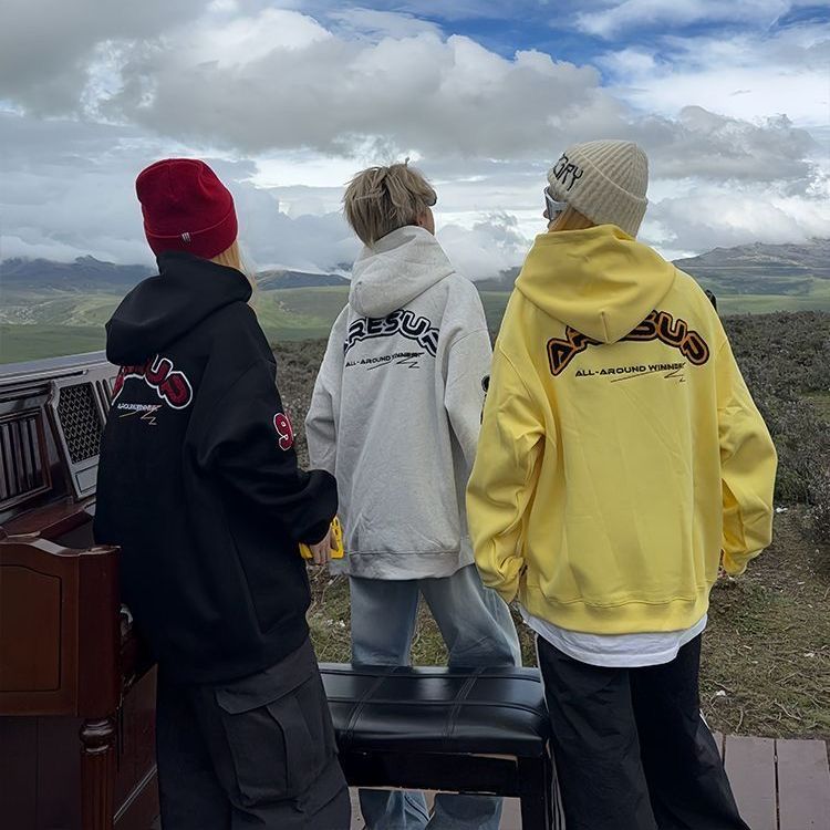 小众美式字母植绒刺绣连帽卫衣男女秋季宽松情侣国潮高街帽衫外套