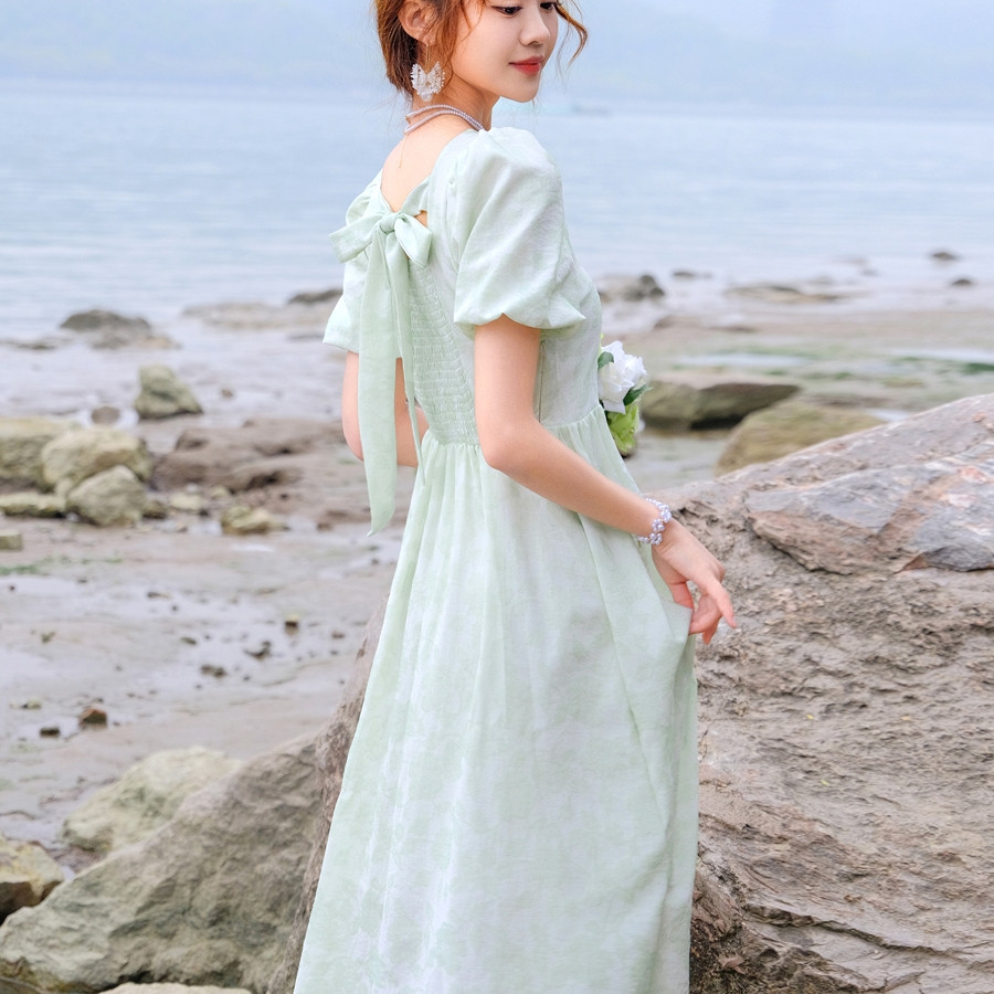 小清新甜美绿色方领连衣裙夏季20