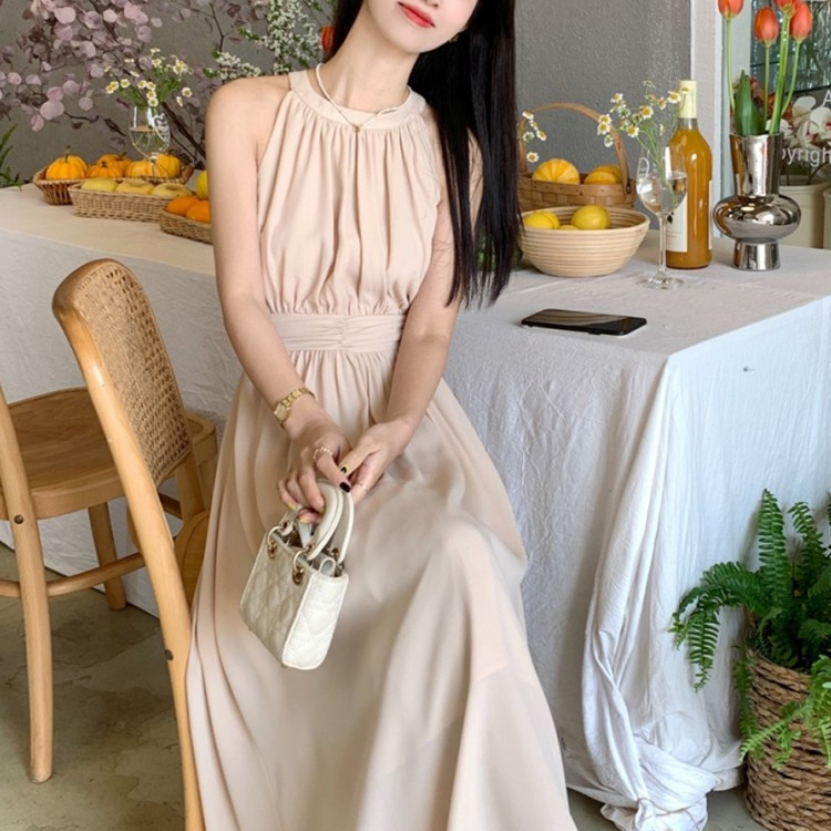 法式海边度假无袖吊带黑色连衣裙