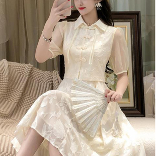 套装 夏季 高级感微胖改良旗袍网纱拼接吊带裙盘扣翻领上衣胖mm大码