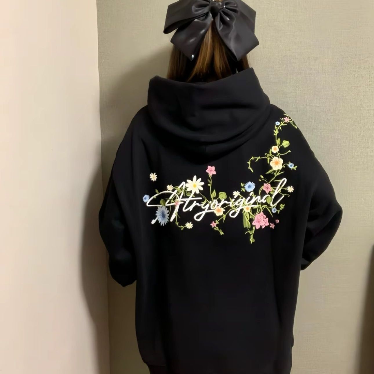 美式复古花卉印花连帽卫衣女大童秋冬新款宽松加绒加厚学生上衣潮