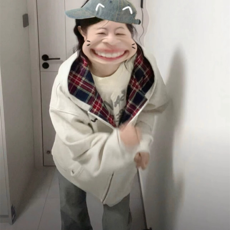 美式慵懒风格子拼接连帽卫衣女冬