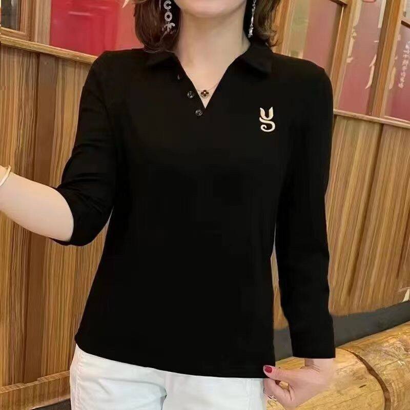 今年爆款女装早秋新款V领长袖高档t恤女士polo领衫显瘦减龄上衣潮