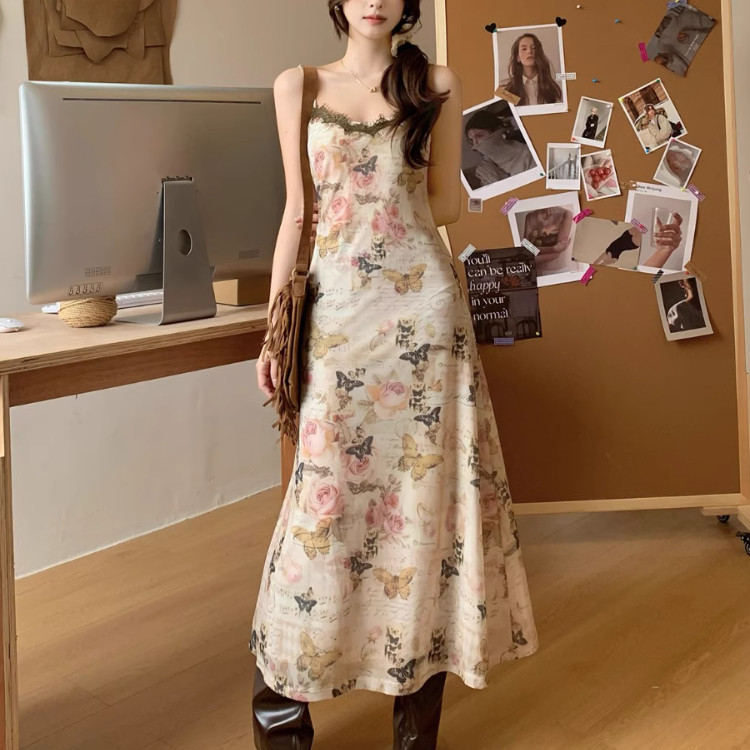 大码法式V领碎花吊带裙女温柔风