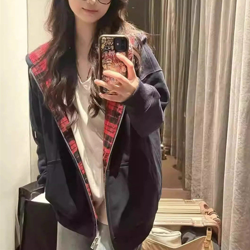 美式复古格子拼接开衫连帽卫衣女秋冬新款宽松oversize休闲外套潮