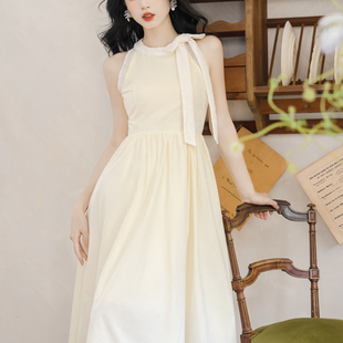 法式 挂脖连衣裙女蕾丝花边拼接气质设计感长裙 温柔蝴蝶结系带无袖