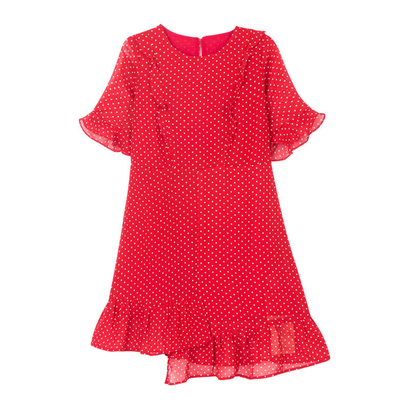 otg女童雪纺小圆点下摆不规则荷叶边连衣裙