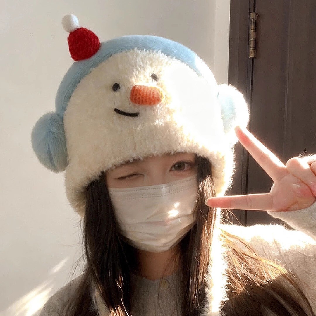 毛绒雪人耳机帽子女冬季防风保暖
