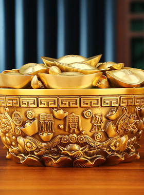 铜欣祥纯黄铜八方来财聚宝盆五福如意元宝聚宝盆家居办公室摆件