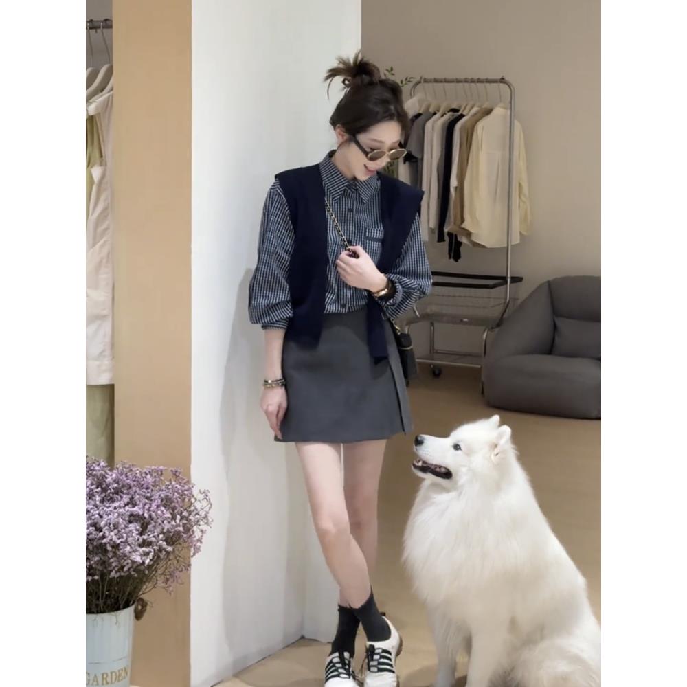 2025秋季新款高级感气质格子衬衫上衣搭披肩女+百搭裙裤两件套装