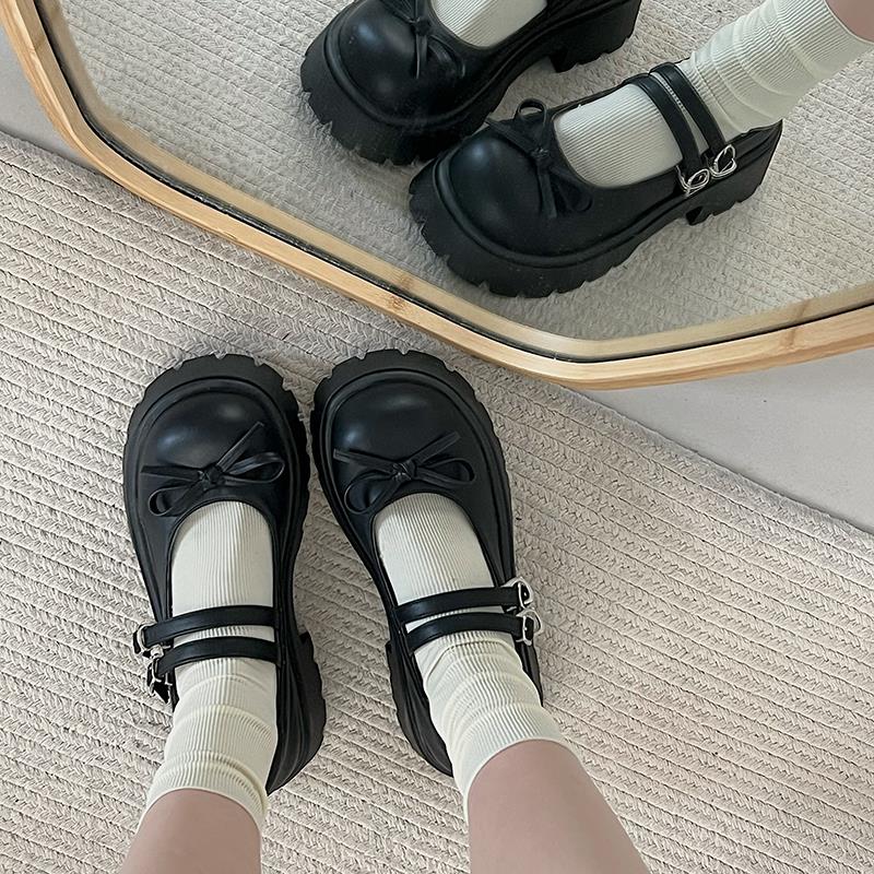 黑色厚底圆头小皮鞋女日系jk粗跟配裙子蝴蝶结可爱增高玛丽珍单鞋