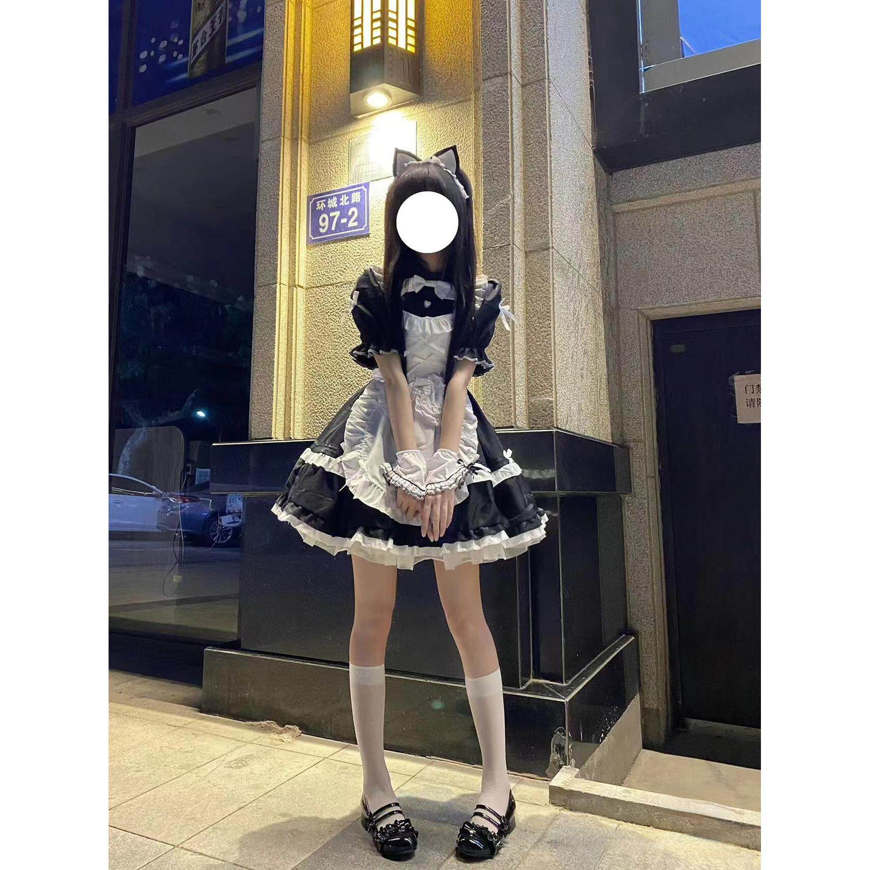 猫系女仆装cos洛丽塔黑白经典围裙铃铛可爱外穿lolita大码连衣裙