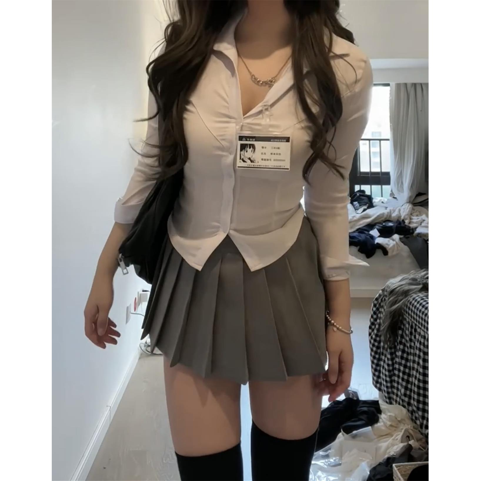 jk制服纯欲收腰白色衬衫女春秋学院风修身显瘦辣妹长袖打底上衣