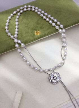 天然淡水珍珠项链长款海贝山茶花可调节珍珠毛衣链女礼物